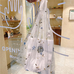 Women Small Flower Daisy Embroidery Handbag Organza Tote Lace Shoppi