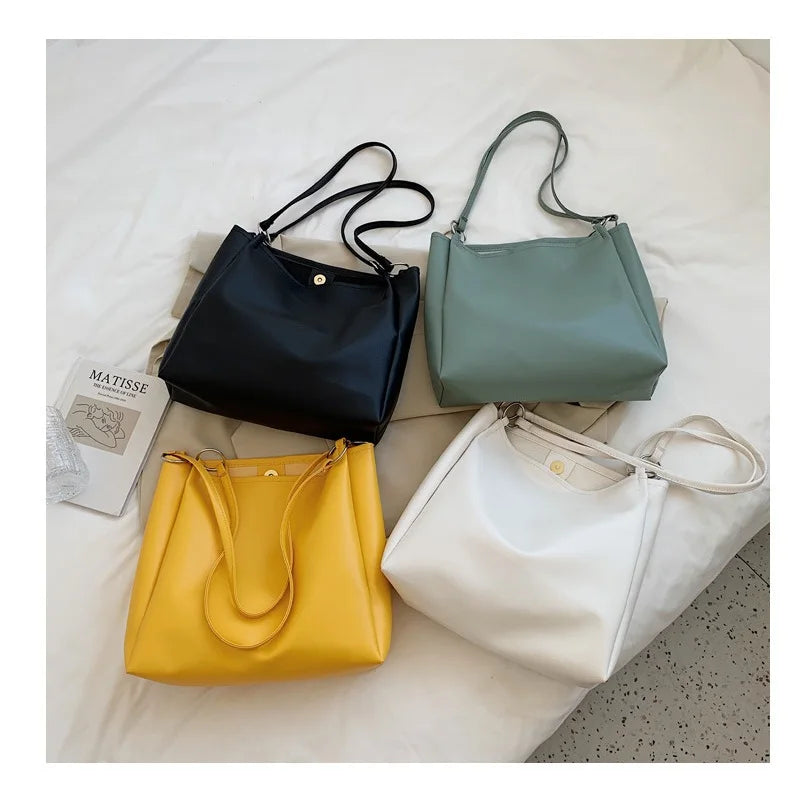 Green Leather Tote Bag For Women Large Capacity Handbag Bucket Shopper Bag