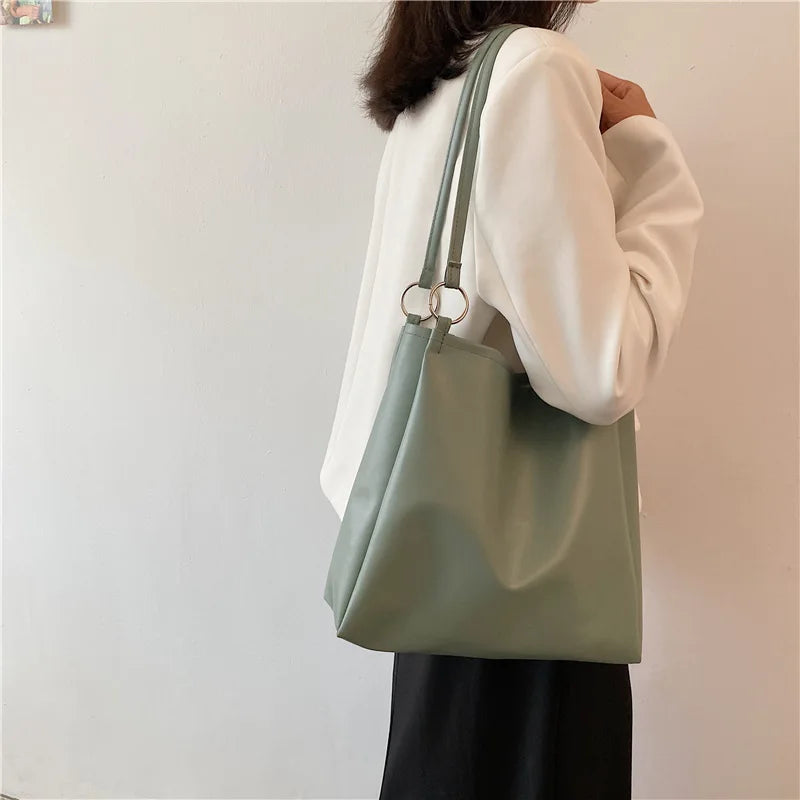 Green Leather Tote Bag For Women Large Capacity Handbag Bucket Shopper Bag