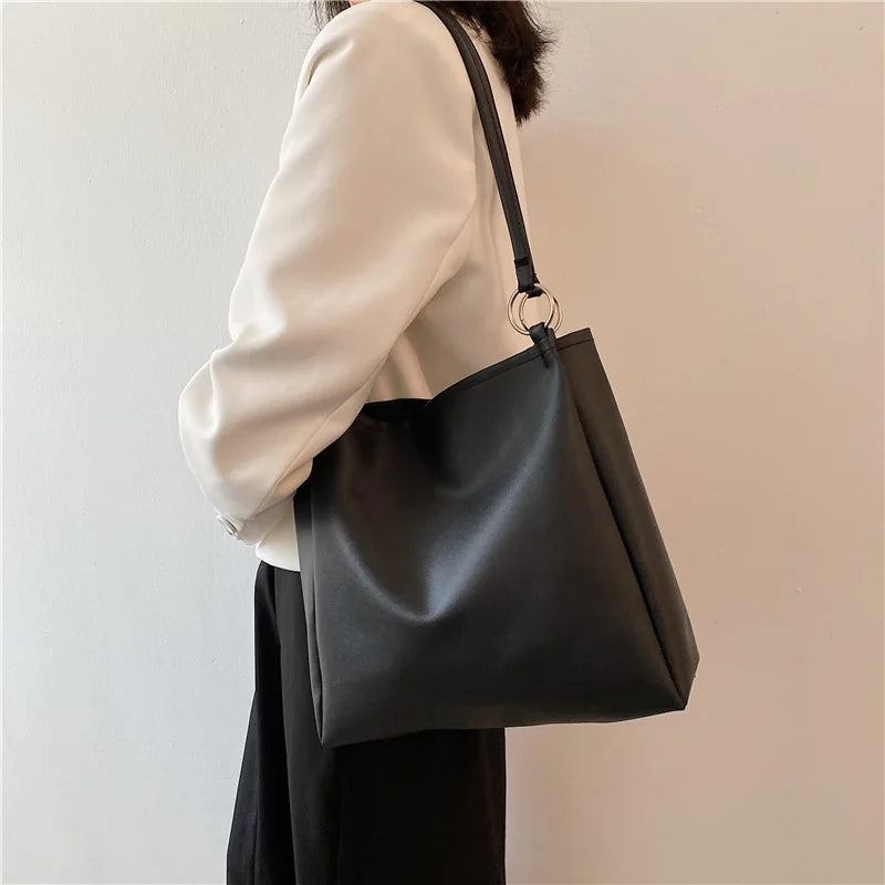 Green Leather Tote Bag For Women Large Capacity Handbag Bucket Shopper Bag