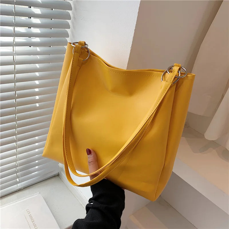 Green Leather Tote Bag For Women Large Capacity Handbag Bucket Shopper Bag