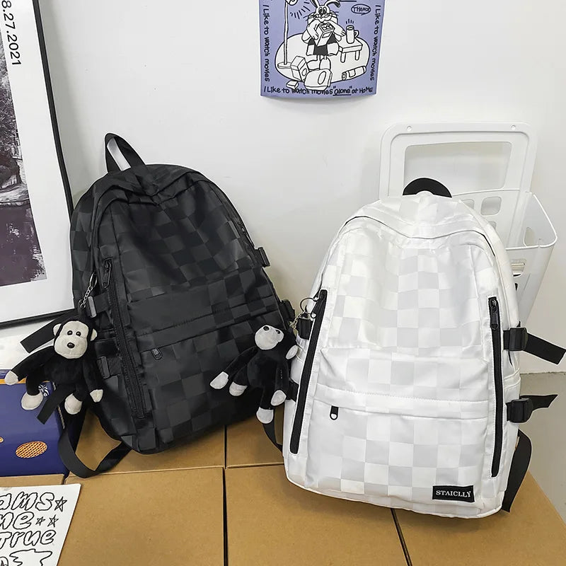 Plaid Student Backpack Male Female Book Bag Laptop College Boys Girls School Bag