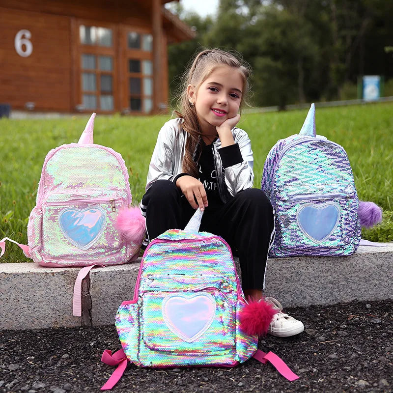 Mermaid Sequins Unicorn Backpack Women PU Leather Large Capacity Girls Bag