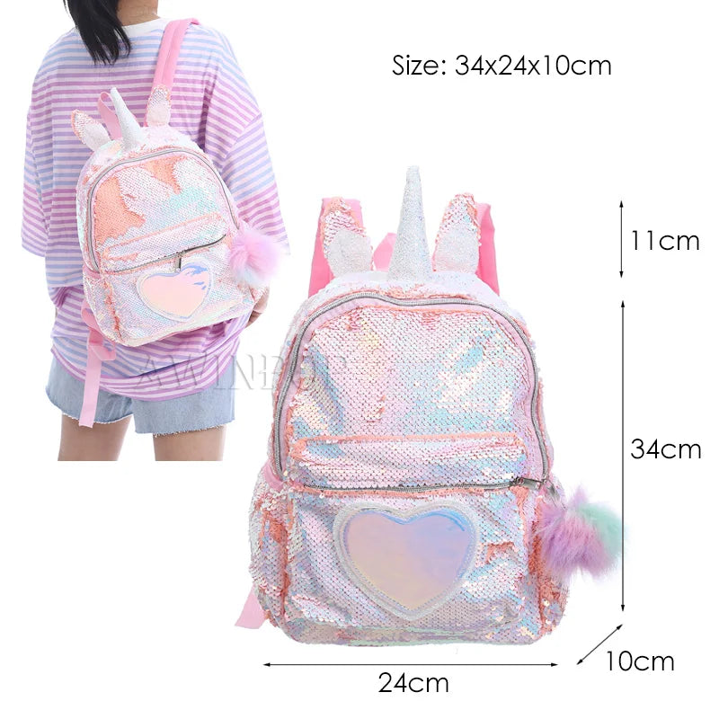 Mermaid Sequins Unicorn Backpack Women PU Leather Large Capacity Girls Bag
