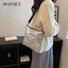 Quilted Cotton Messenger Bag Padded Shoulder Handbags Solid Travel Lady Purse