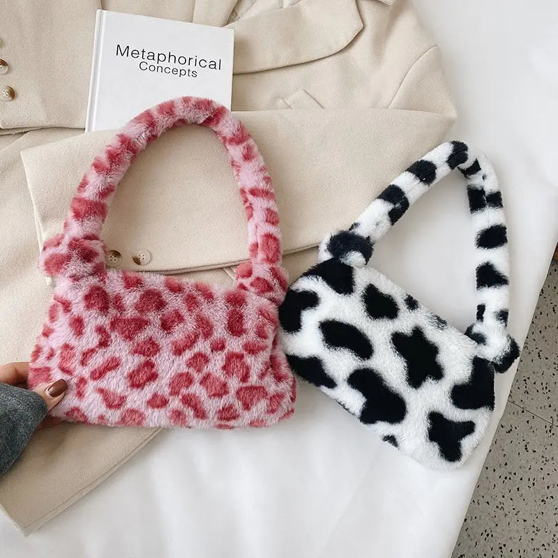 Winter Plush Handbag Animal Pattern Small Tote Bags For Women