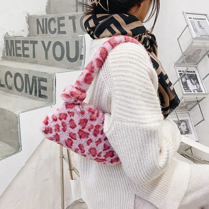 Winter Plush Handbag Animal Pattern Small Tote Bags For Women