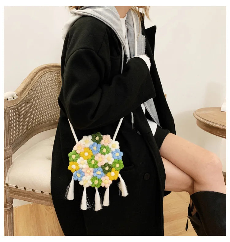 Floral Printed Crossbody Handbag Bohemian Crochet Shoulder Bag