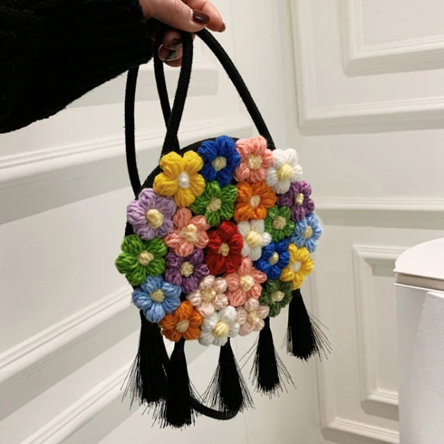 Floral Printed Crossbody Handbag Bohemian Crochet Shoulder Bag