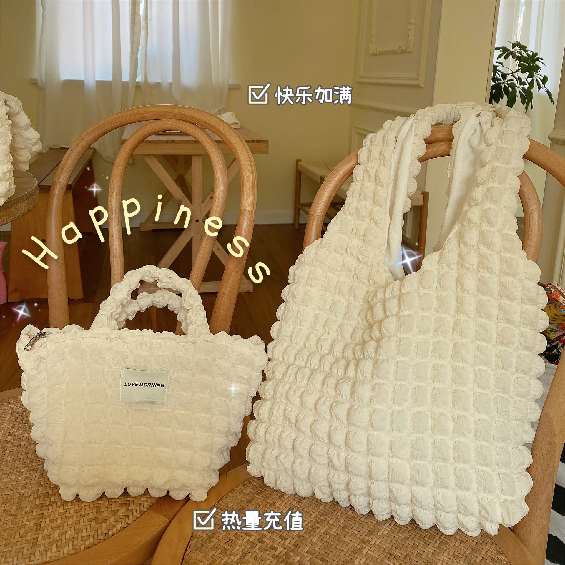 Female Bubble Flower Hand Bag Casual Tote Cotton Canvas Satchel