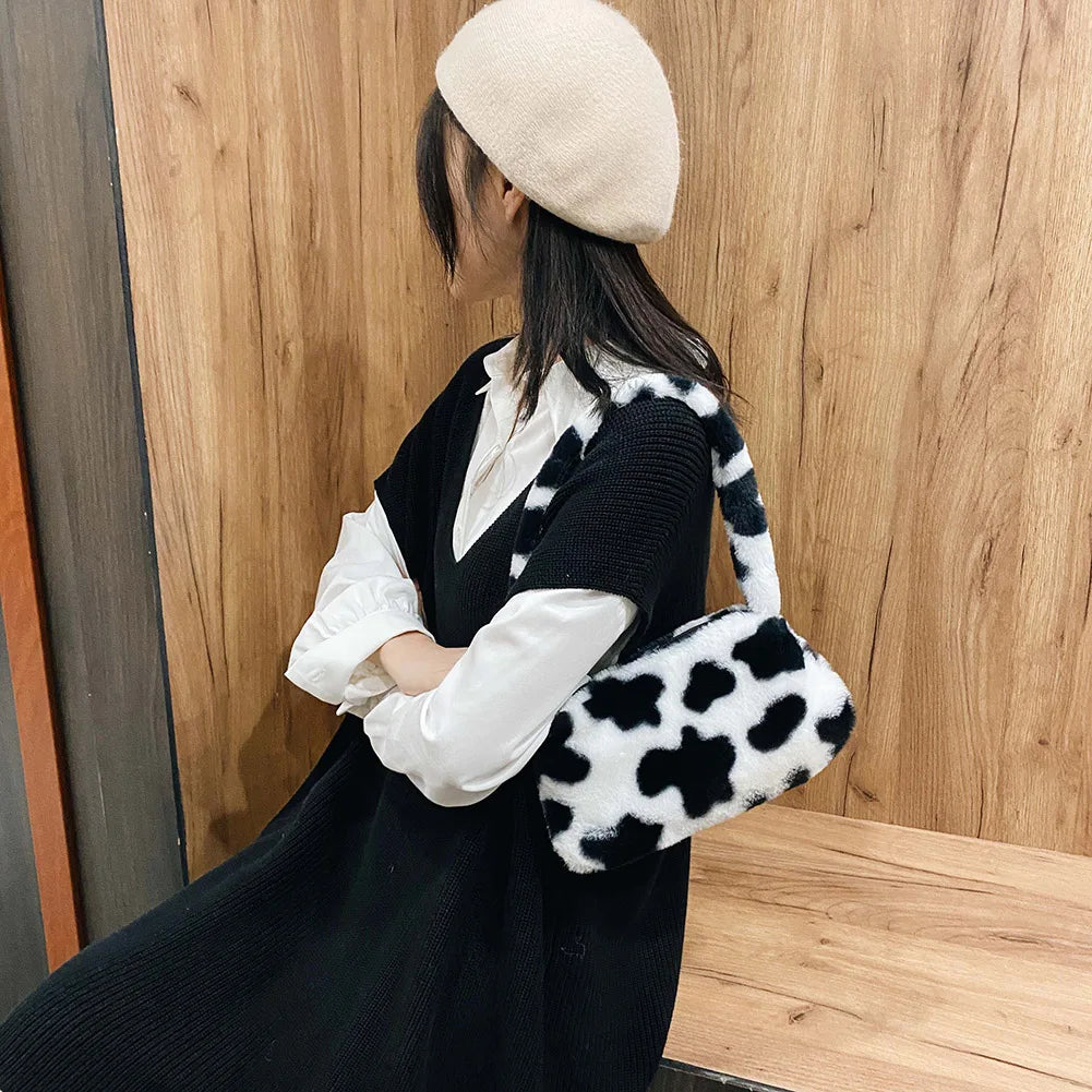 Women Plush Soft Underarm Bag Fluffy Totes Handbag Lady Travel Purse