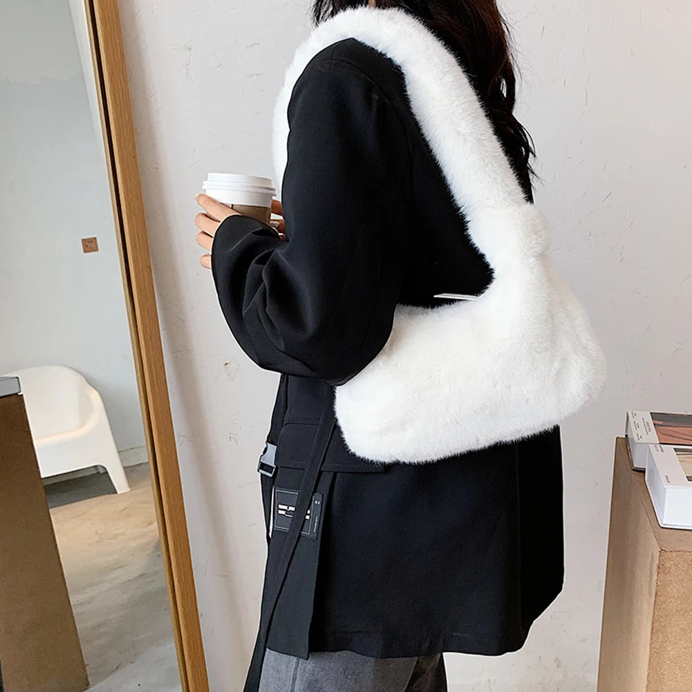 Women Plush Soft Underarm Bag Fluffy Totes Handbag Lady Travel Purse