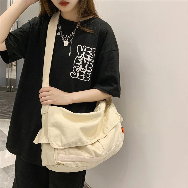 Youth Student Schoolbag Canvas Shoulder Bag Solid Casual