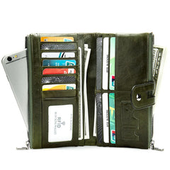 Newsbirds Leather Lady Bifold Zipper Long Purse Green Red Travel Wallet