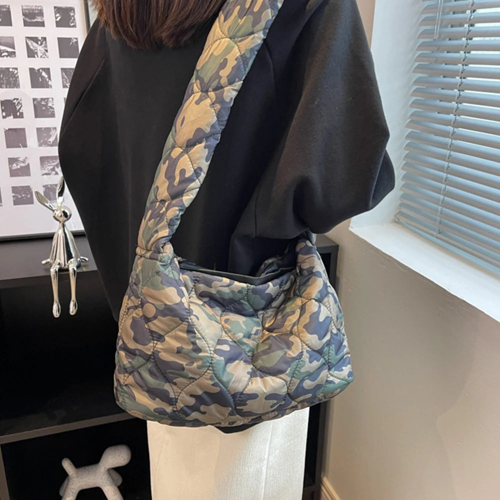 Nylon Padded Crossbody Bag for Women - Camo Quilted Shoulder Bag