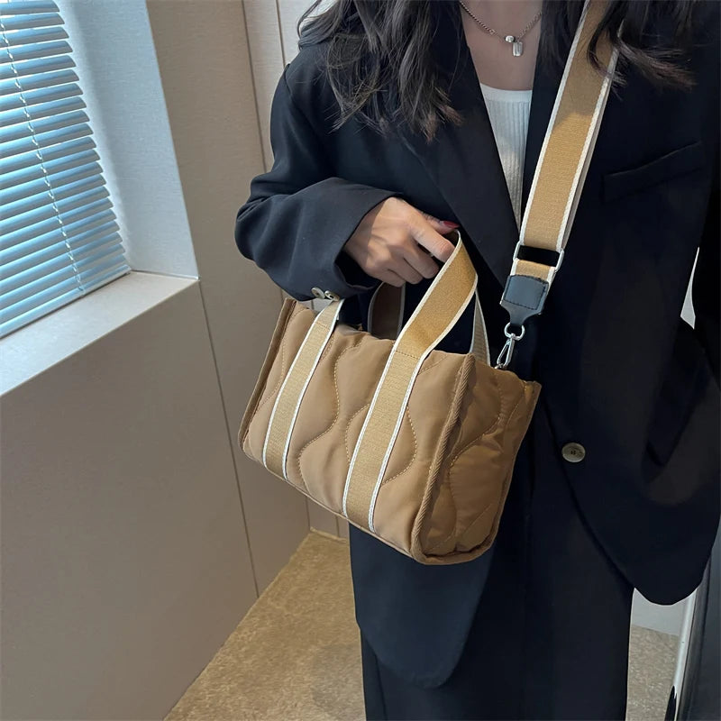 Quilted Nylon Women Handbags Padded Shoulder Bag Wide Strap Crossbody Tote