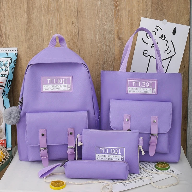 4-Piece Nylon Teen Shoulder Bags Set Casual School Backpacks