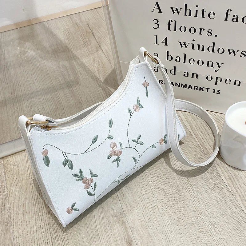 PU Ladies Embroidery Underarm Bag Retro Solid Handbags