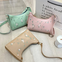 PU Ladies Leather Bag Women Embroidery Underarm Bag Retro Solid Handbags