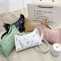 PU Ladies Embroidery Underarm Bag Retro Solid Handbags