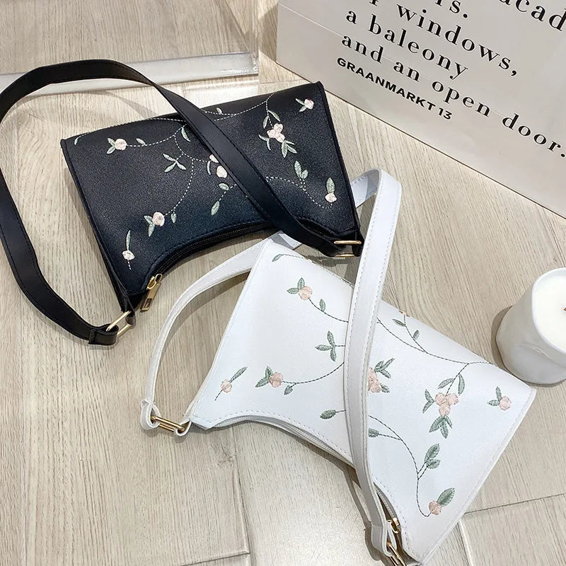PU Ladies Embroidery Underarm Bag Retro Solid Handbags