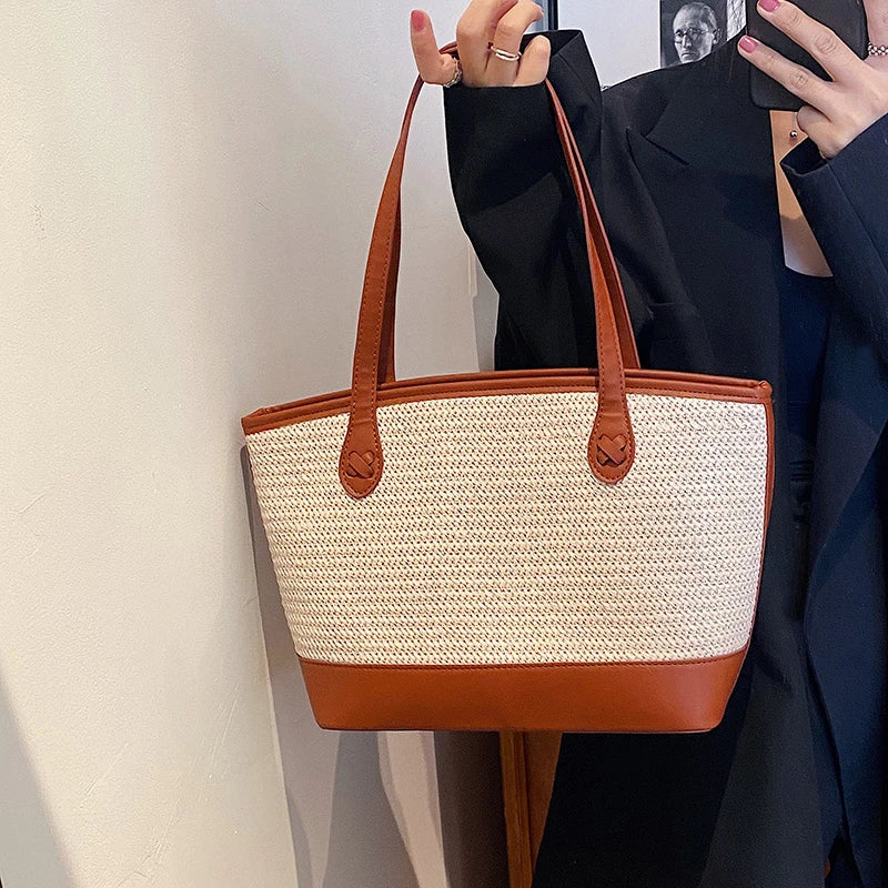 PU Leather Splice Linen Woven Shoulder Bags For Women Large Capacity Casual Tote