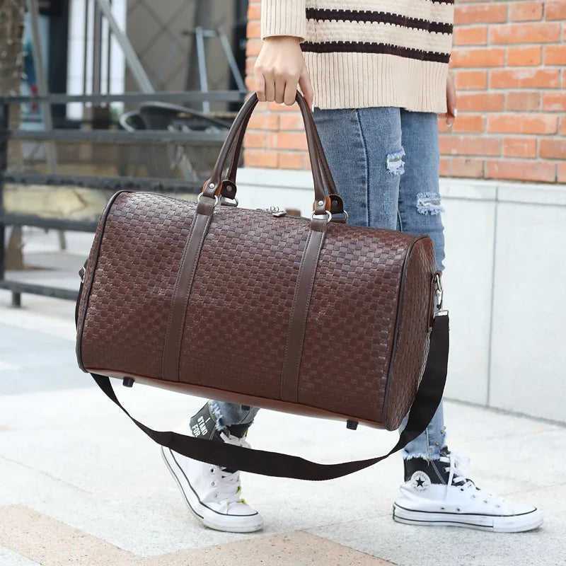 PU Leather Woven Travel Bag Large Capacity Men Women Business Luggage Duffle
