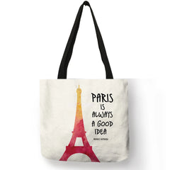 Paris English Letters Print Tote Bag Women Reusable Shopping Bags