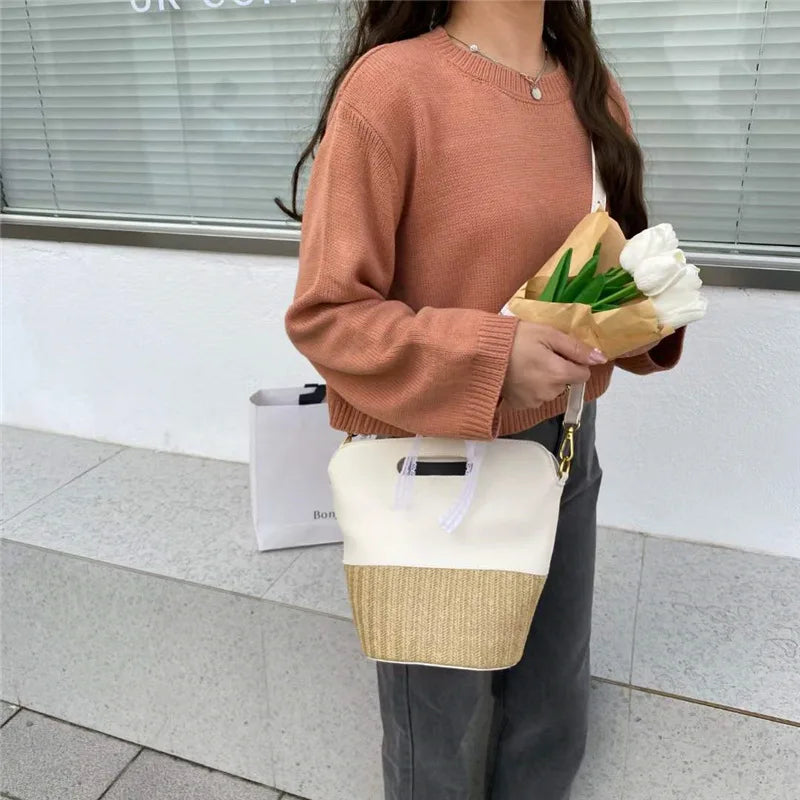 Straw Bucket Bag Rattan Handbag Woven Beach Small Tote