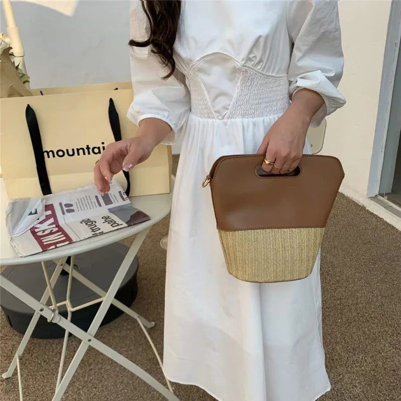 Straw Bucket Bag Rattan Handbag Woven Beach Small Tote