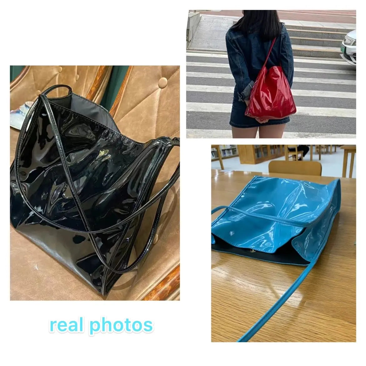 Vintage Patent Leather Women Shoulder Bag Large Capacity Travel Tote