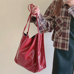Vintage Patent Leather Women Shoulder Bag Large Capacity Travel Tote