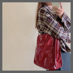 Vintage Patent Leather Women Shoulder Bag Large Capacity Travel Tote