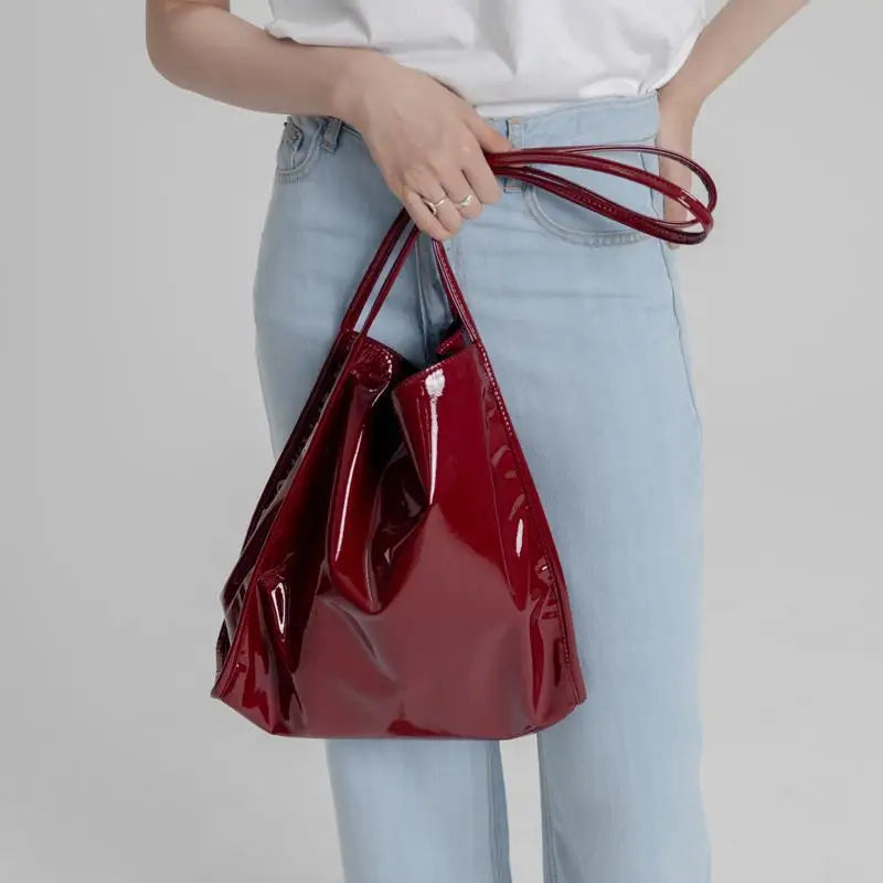 Vintage Patent Leather Women Shoulder Bag Large Capacity Tote Handbag