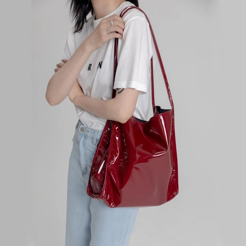 Vintage Patent Leather Women Shoulder Bag Large Capacity Tote Handbag