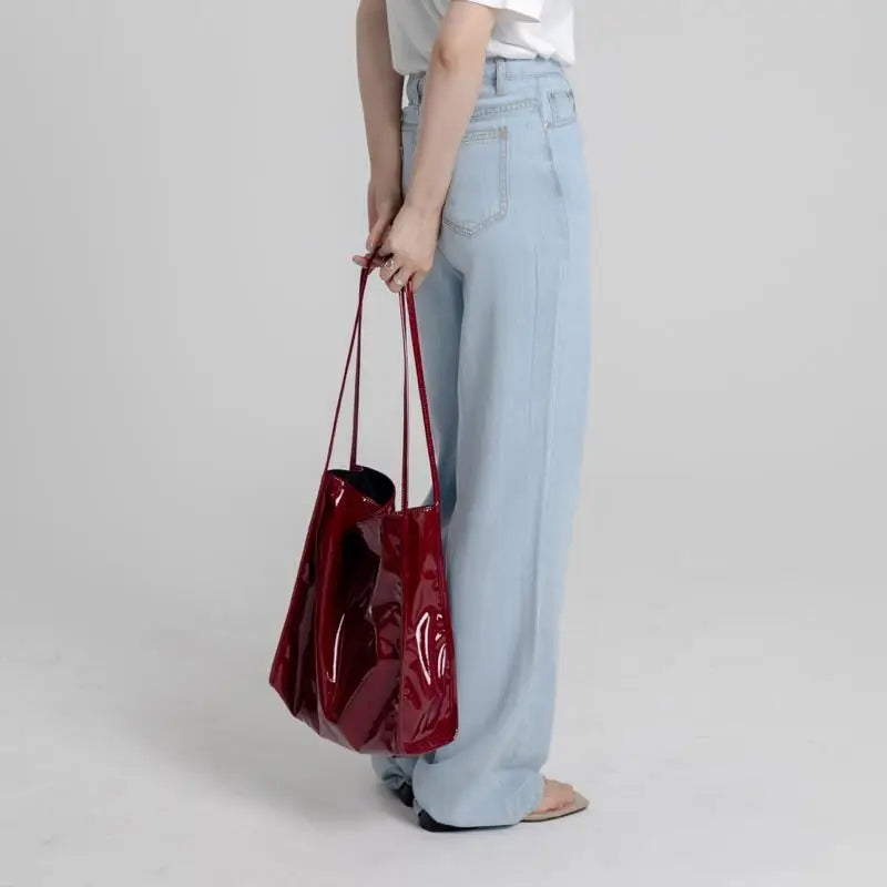 Vintage Patent Leather Women Shoulder Bag Large Capacity Tote Handbag