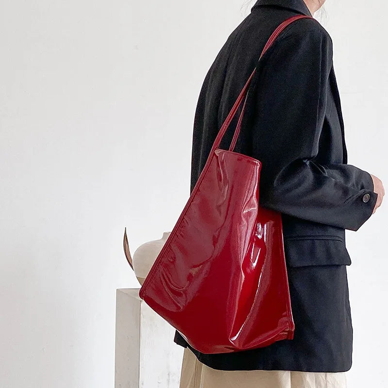 Vintage Patent Leather Women Shoulder Bags Large Capacity Ladies Shopping Bag