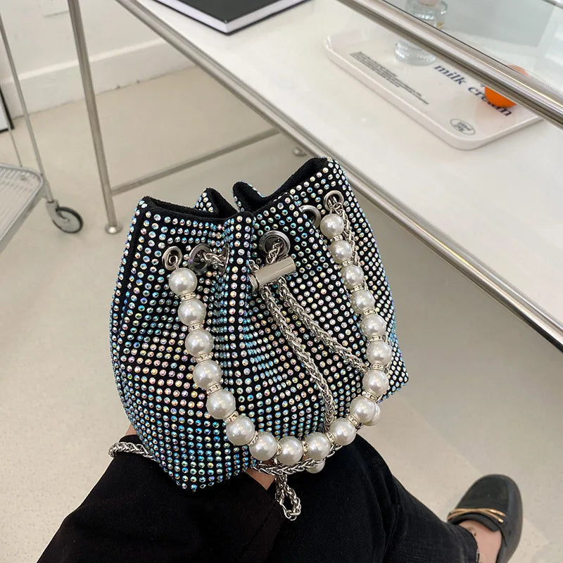 Pearl Women Bucket Shoulder Bag Evening Party Silver Purse