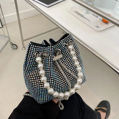 Pearl Women Bucket Shoulder Bag Evening Party Silver Purse