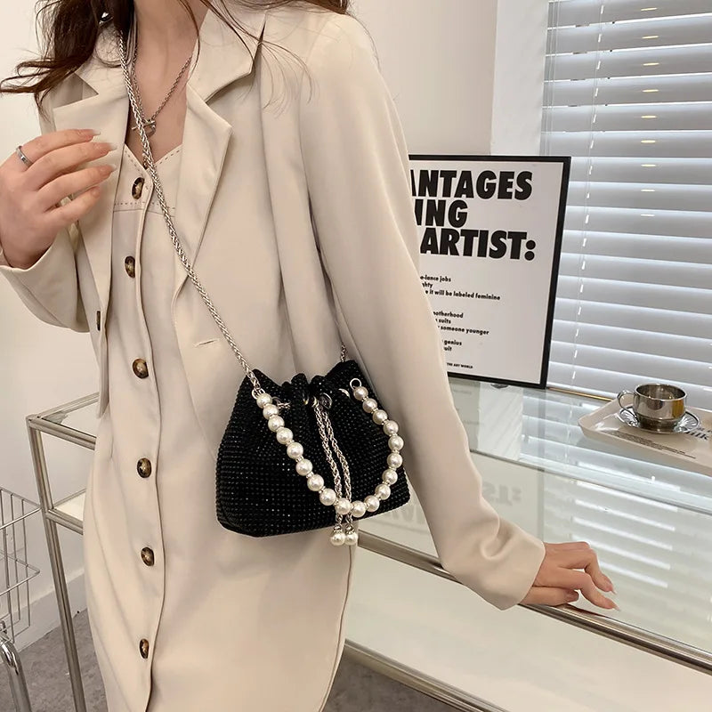 Pearl Women Bucket Shoulder Bag Evening Party Silver Purse