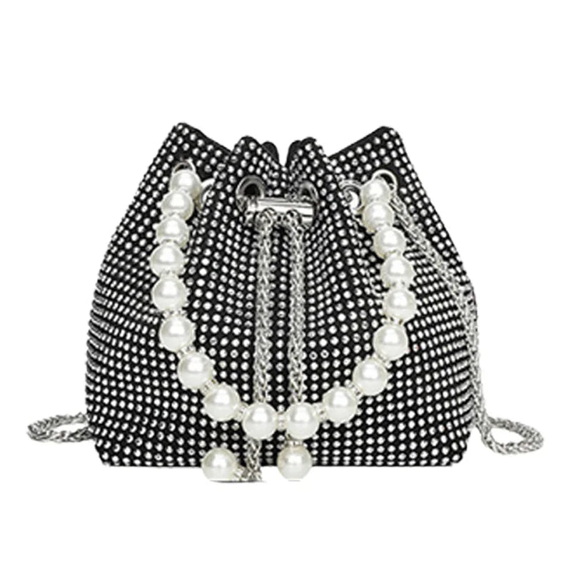 Pearl Women Bucket Shoulder Bag Evening Party Silver Purse