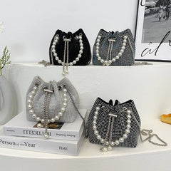 Pearl Women Bucket Shoulder Bag Evening Party Silver Purse
