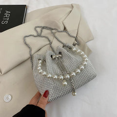 Pearl Women Bucket Shoulder Bag Evening Party Silver Purse