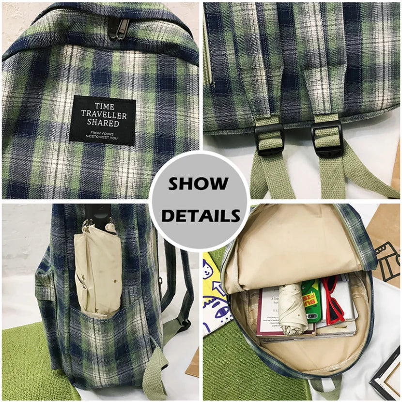 Plaid Canvas Backpack Women College Student Backpacks Teenage Girl School Bags