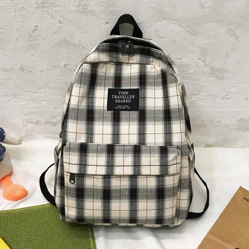 Plaid Canvas Backpack Women College Student Backpacks Teenage Girl School Bags