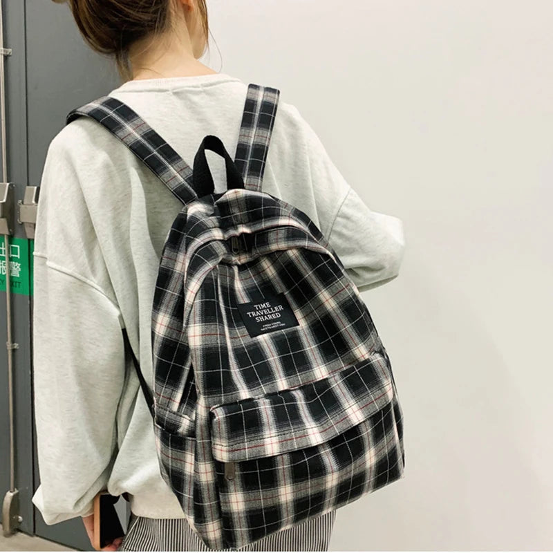 Plaid Canvas Women Backpack College Student Teenage Girl School Bags