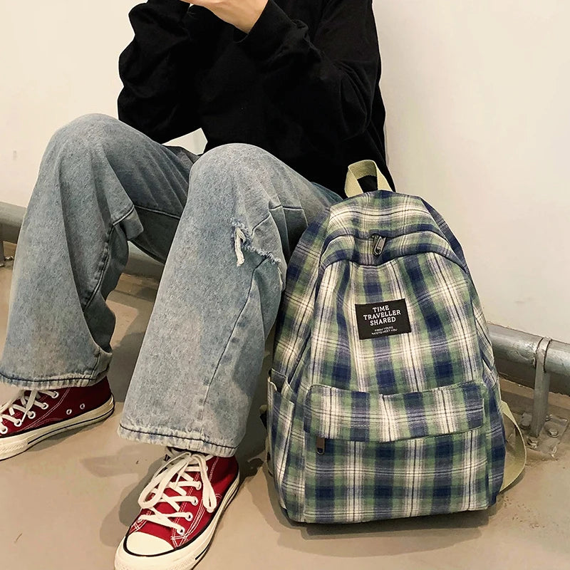 Plaid Canvas Women Backpack College Student Backpack