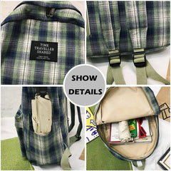 Plaid Canvas Women Backpack College Student Backpack