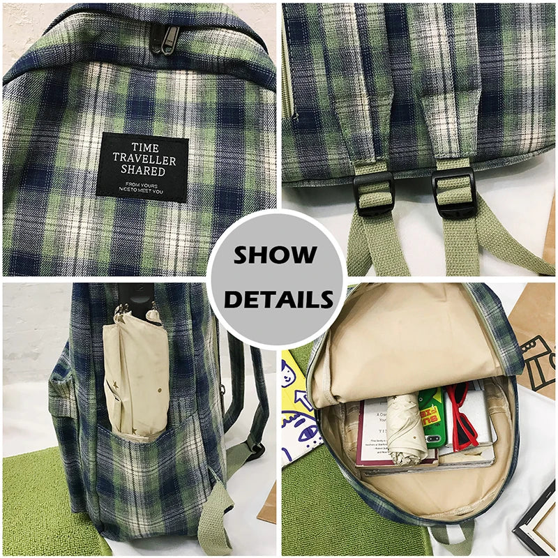 Plaid Canvas Women Backpack College Student Backpack Teenage Girl School Bags