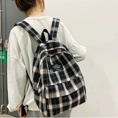 Plaid Canvas Women's Backpack Teen Girl School Bags Waterproof Rucksack